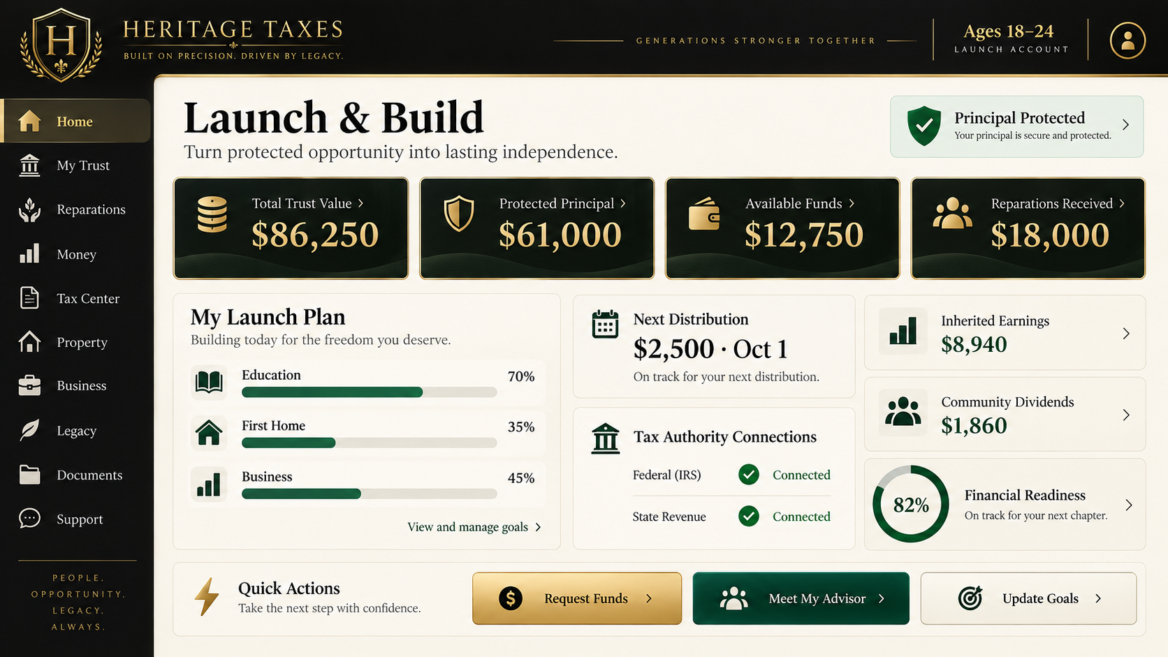 Trust Launch & Build Heritage Taxes interface