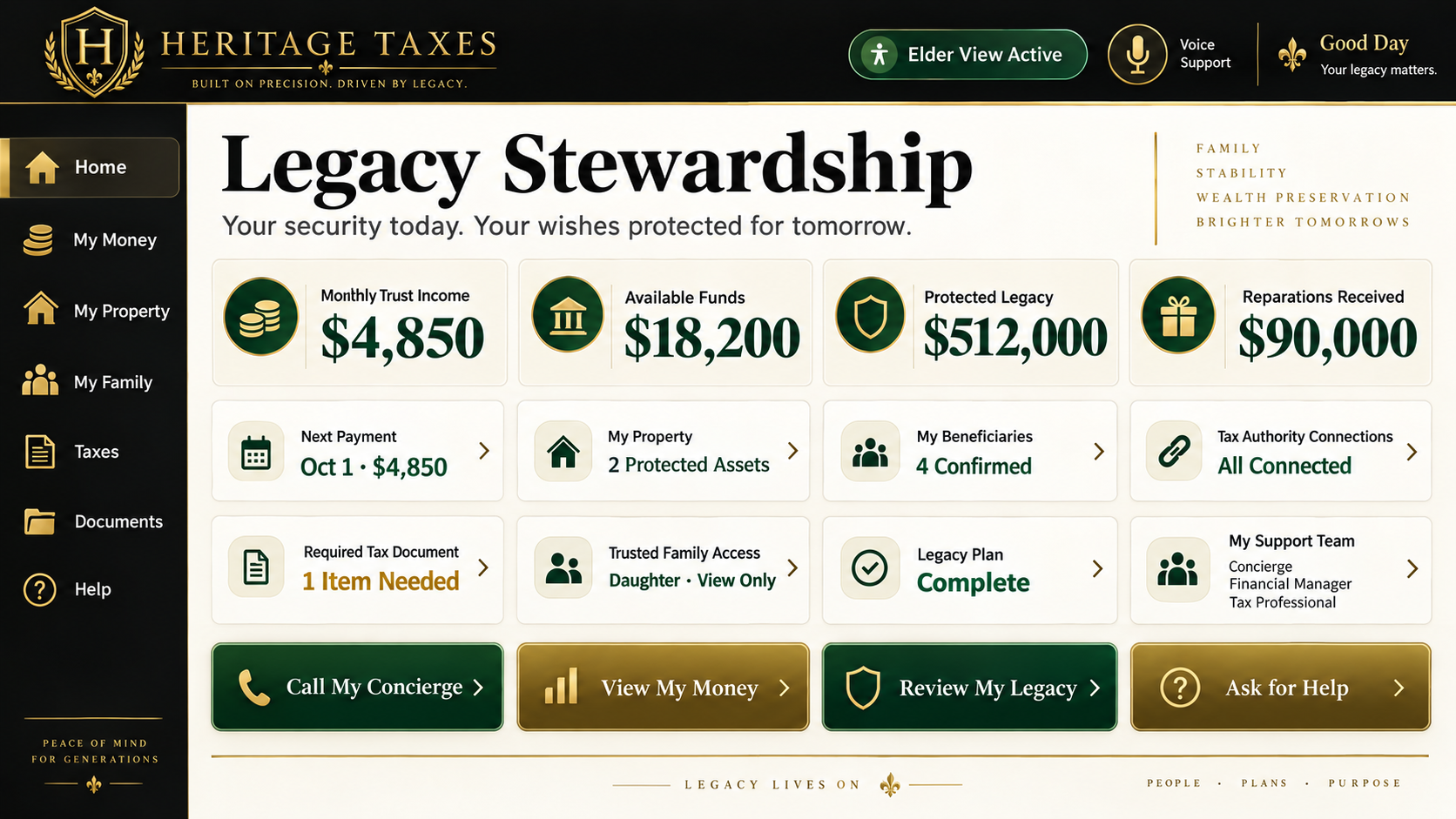 Legacy Stewardship Heritage Taxes interface
