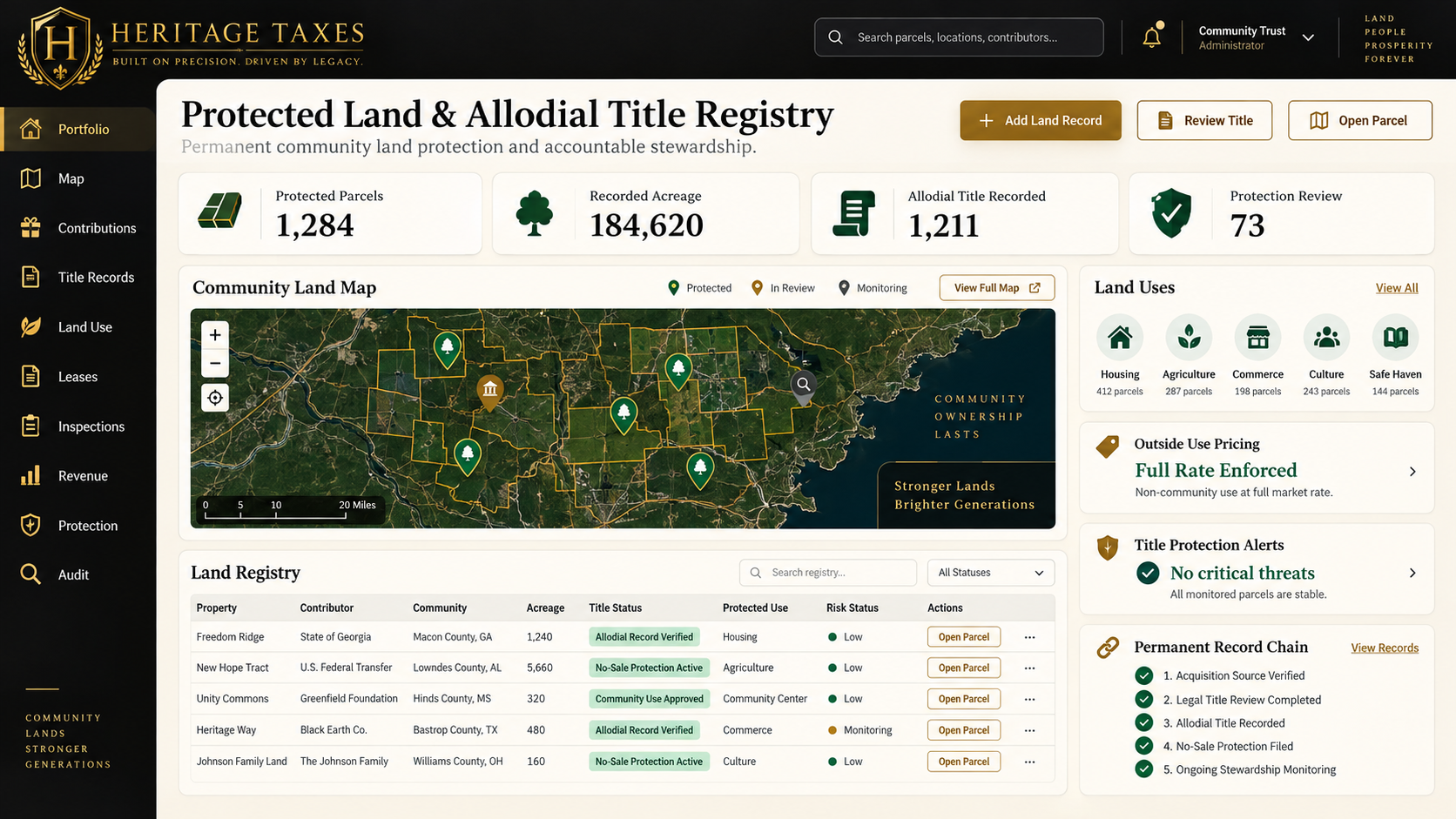 Heritage Taxes protected land and allodial title registry interface