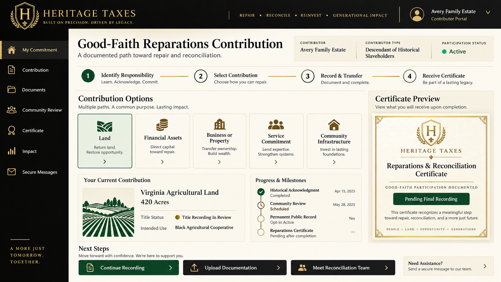 Heritage Taxes good-faith reparations contribution dashboard